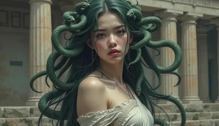 Medusa,  Beautiful Tragedy Queen, Thin Snake Hair 、toga、Tunic、whole body、 Greek Mythology、Relief、(masterpiece,  top quality:1.2),