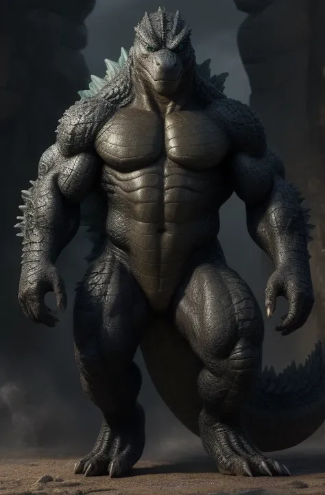 Godzilla,eyes,adult, alone,4K, best quality angle,standing, looking forward  ,Body ,Parte superior do Body exposta,bare chest, Strong tail , chest muscles ,  defined abdominal ,  Correct bicep anatomy ,black scale ,pride,soft shadow,majestoso, detailed fac...