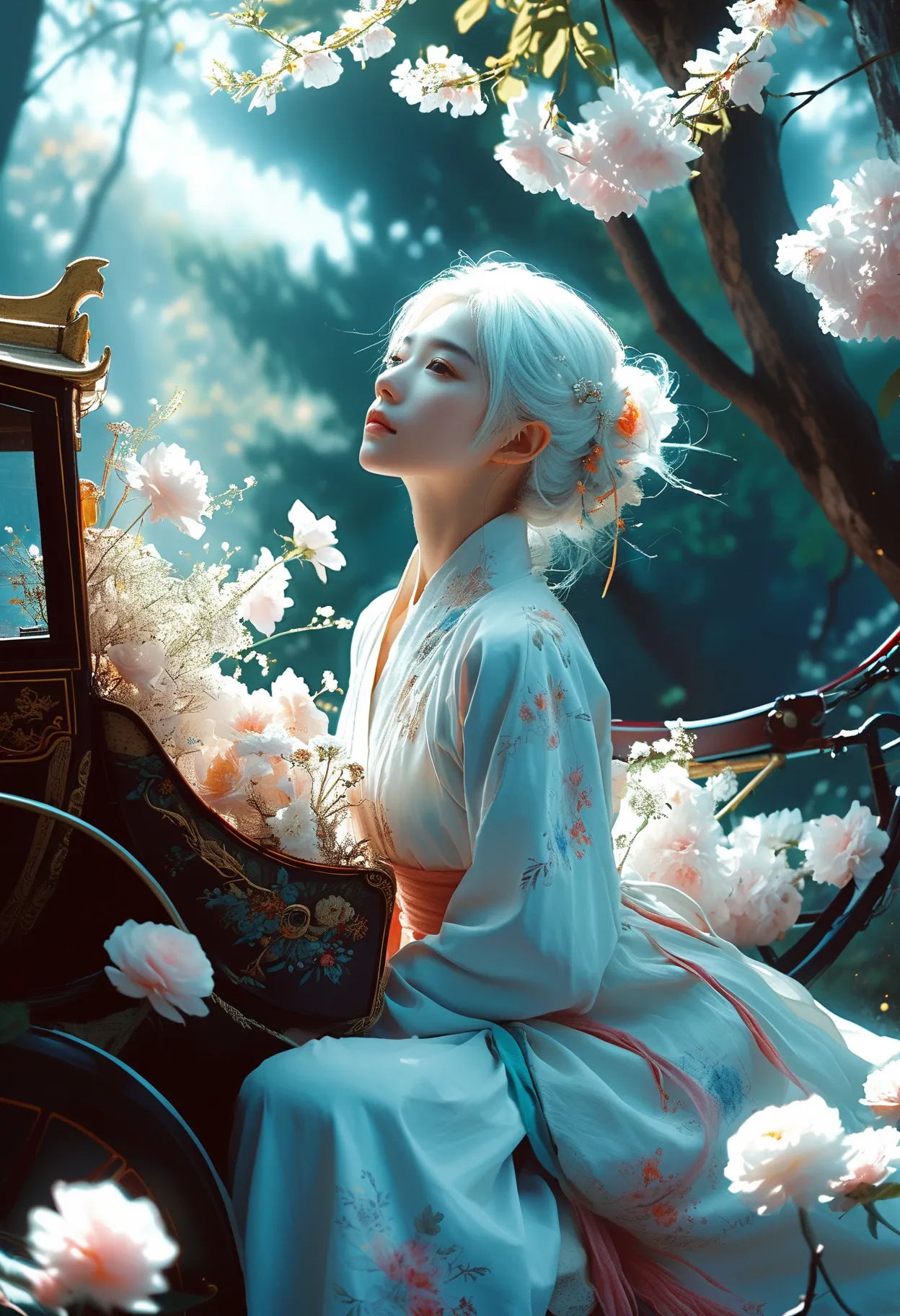 breathtaking Ethereal fantasy concept art of cinematic film still,Chinese Girl,A girl with white hair sitting in authentic woods 1800 century carriage filled withflowers,Artwork by Rinko Kawauchi,In a naturalistic pose,Holiday Dad Core,young and energetic,...