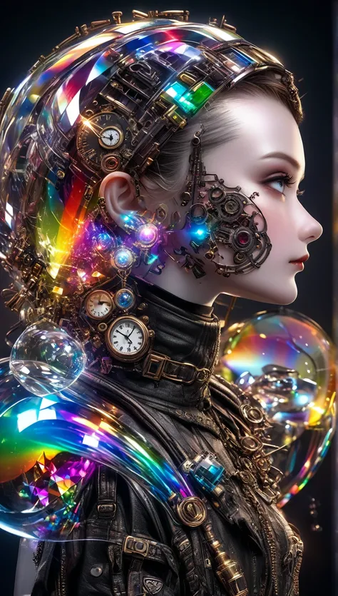 ( cyberpunk,  clock punk ,  DIESEL PUNK ,  steampunk), A work of art carved from pearl platinum crystal, Background Diverse Punk, Cool Beauty,  attractive proportions, ( more details,   absolute resolution ,  best quality:1.3), 2.5D, Subtle and dynamic eff...