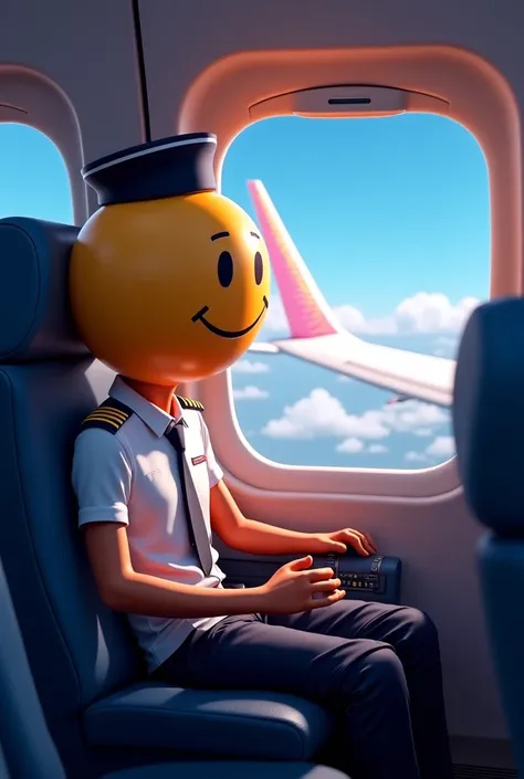 A human character with a realistic body and a pilot's uniform, but with a large emoji head, sits in the cockpit of an airplane accompanied by a flight attendant with an emoji head as well. The character is seen looking out of the plane from the plane's win...