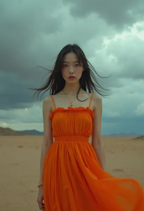 A hyperrealistic photograph inspired by Alex Prager, showing a young Korean woman in a barren desert landscape. The pose is dramatic, with the woman looking directly into the camera, her vibrant orange dress fluttering in the wind. The background is a clou...