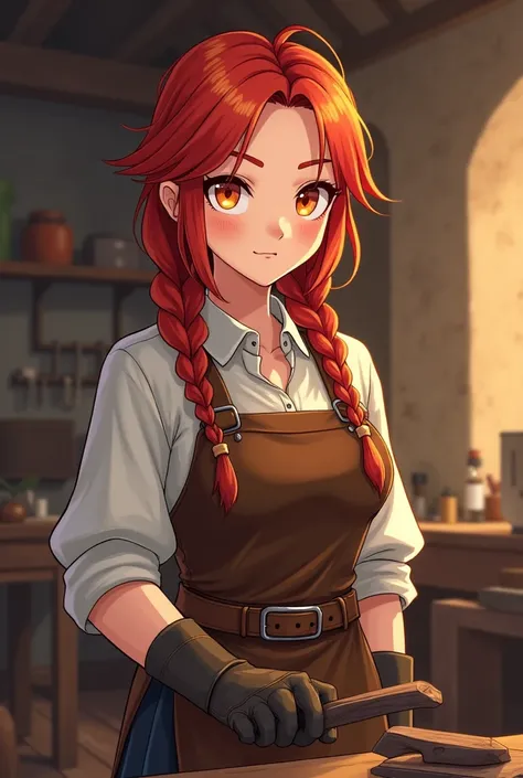 A female blacksmith, anime with a simple, cartoonish style that is cute yet mature, who has more visible clothing with characteristics of a medieval blacksmith, red braided hair, orange eyes.