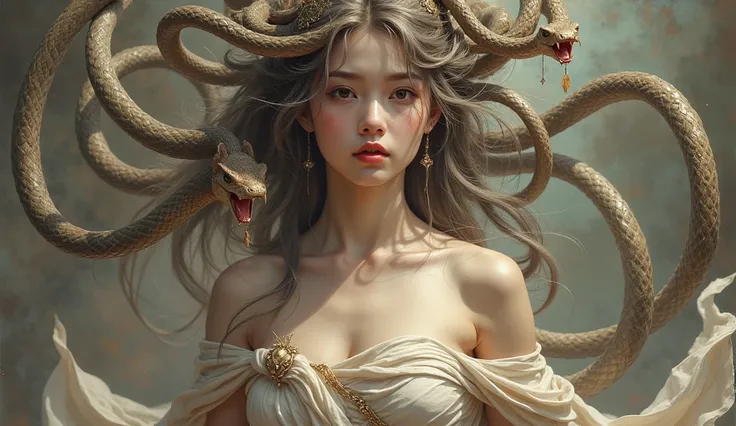 Medusa,  Beautiful Tragedy Queen, Thin Snake Hair 、toga、Tunic、whole body、 Greek Mythology、Victorian Paintings、(masterpiece,  top quality:1.2),