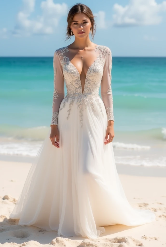   full body from head to toe , Mexican woman,  front view,  spectator looks at full body from head to toe and sand. You look at the full dress . long sleeve wedding dress, shiny stones on the fabric ,   beach,  you can see the sand tied hair medium short l...