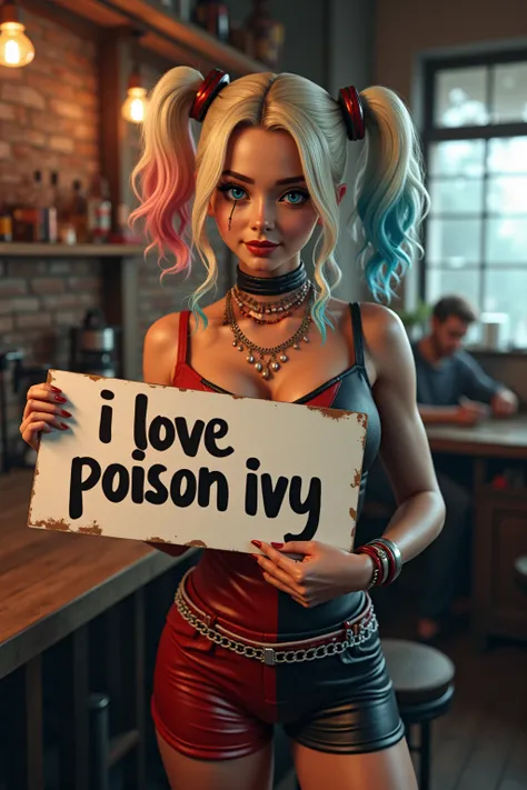 Harley Quinn with wavy long hair in twintails with colorful highlights, bohemian dress, large breasts, holding a white board with text "I Love Poison Ivy" and showing it to the viewer