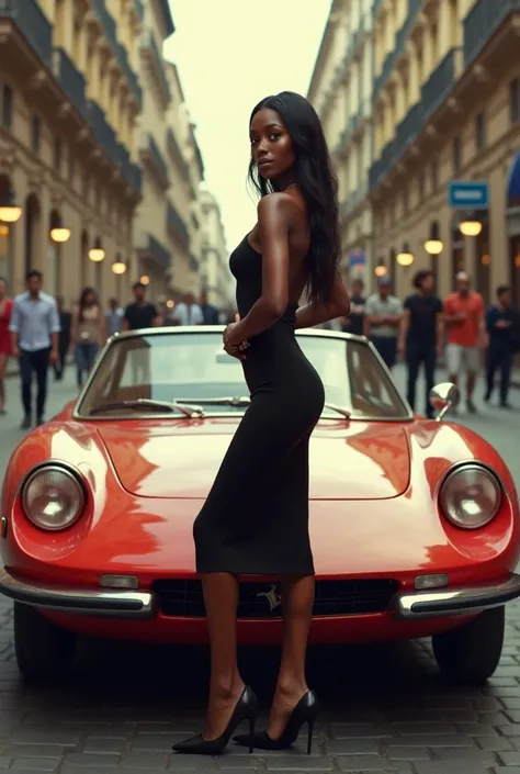 Dark skin woman With 1972 Ferrari 365 2+2 in Milan Italy in the year 1974