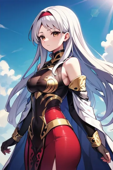 A young, anime-style female character, with long, silver hair styled in braids adorned with gold details and ruby accents.  She wears a detailed, ornate outfit combining dark purple/maroon and gold accents, featuring intricate patterns and decorative armor...