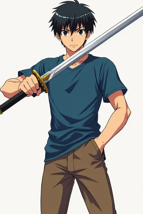 Male, Age: 20 years, Pose: Full-body standing holding a sword, Style: Anime, Details: Black hair covering the forehead + Black eyes + Blue shirt + Brown pants + Proportional body.