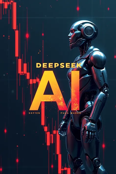 Bold and clean design featuring a collapsing stock market graph with a futuristic AI robot on one side and the DeepSeek logo on the other. Large, attention-grabbing text reading ‘DEEPSEEK AI’ in red and yellow for urgency.