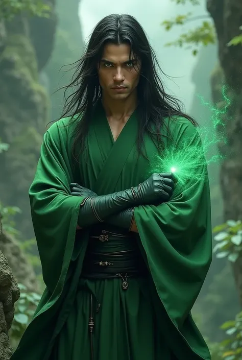 Sacheon Dangmun, Martial arts지, male,  long hair, green clothes , Green eye,  black hair,  long hair, poison, memorizing, pointer, Martial arts, gloves