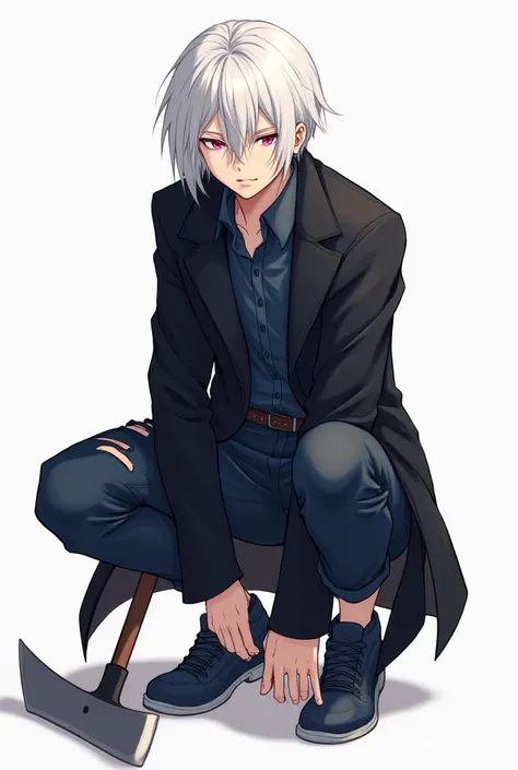  Create a male anime character , Skinny defined strong, high 1,85 inches tall,  White ,  with straight hair tidy on the side, wearing a black overcoat torn at the ends,  with a dark blue dress shirt inside the overcoat, with blue black pants and sneakers, ...