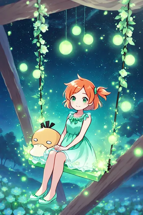 pkmnmisty, 1girl, solo, greeneyes, orange hair, short hair, side ponytail, bangs, hair tie, misty with Psyduck, cute smile , cute girl, tranquility, starry sky, girl in a swing, flowers on the rope, fireflies, high quality image, beautiful wallpaper, hd, 8...