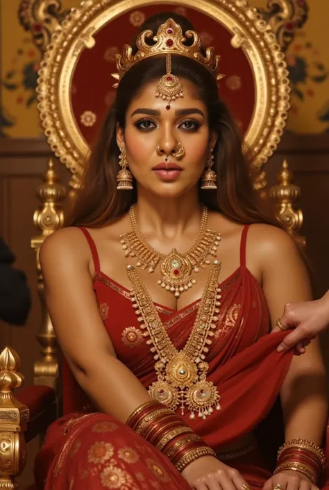 An Indian queen with huge natural breasts revealing cleavage in an opulent palace, wearing a silk saree with gold embroidery, adorned with a heavy necklace, maang tikka, and bangles, wearing an Indian crown (Mukut), sitting gracefully on a throne with a da...