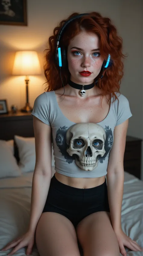 (best shadow), (19 years old), girl, blue eyes, pale white skin, slender arms, messy wild hair, natural redhead, realistic freckles on face, realistic freckles on body, cute, sexy, slim body, c cup breasts, grey loose shirt, skull print, in a bedroom, extr...