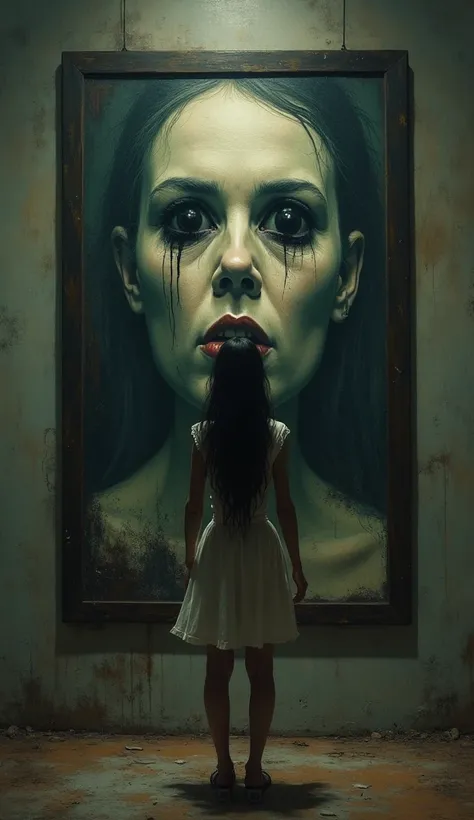 The woman stands frozen next to the painting, her eyes wide with fear. The painting’s eyes are now completely gone, replaced by darkness creeping out from the empty sockets.  