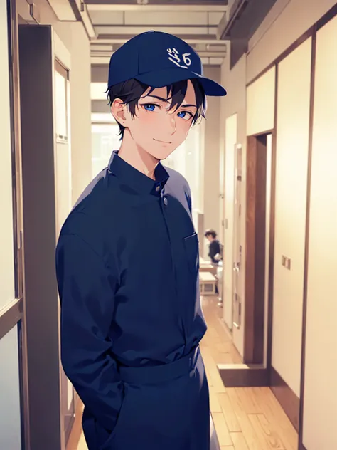 Cleaning staff uniform, masterpiece, best quality, Japanese manga style, upper body, (looking away:1.5), side angle, (25 year old male Worker in Uniform: 1.5) and (short black hair) and (blue eyes), blue long sleeve Practical Jumpsuit, blue cap, smile, ins...