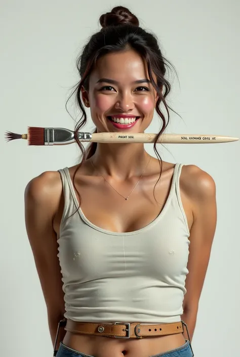 Generate a woman smiling proudly displaying an ornate white paintbrush glued between her teeth and her hands tied behind her back 