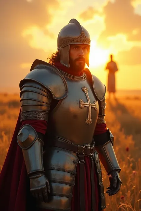 Just imagine there is a Christian armour warrior who is wearing a helmet and armor, there is a cross on his chest, the landscape is beautiful and the light is golden and amazing and behind him is standing Jesus Christ, it seems like a spiritual sight