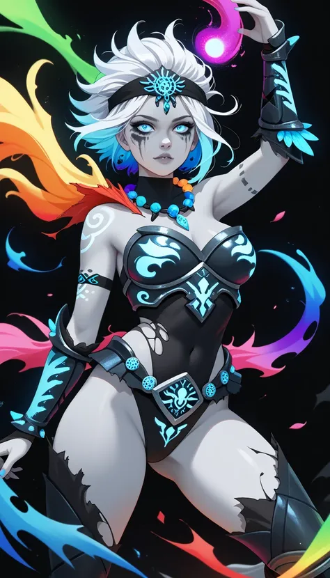 Sexy , Solo, ((Haunting Presence:1.3, Emotionless Expression:1.3)), Glowing, Silver skinned girl, (silver skin:1.3), really short hair, spiked hair, glowing hair, rainbow colored hair, glowing colorful eyes, Feathered Tribal Headband, Feathery Angelic Armo...