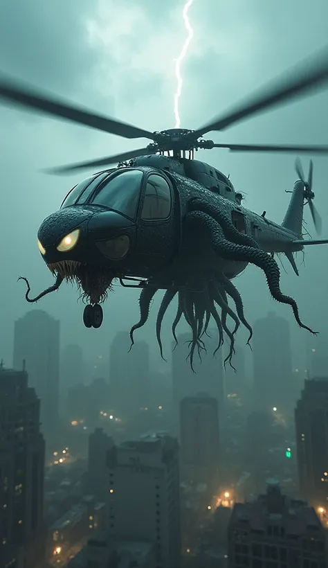 "In the midst of a thunderstorm, high above a chaotic city, a monstrous hybrid of technology and alien power hovers ominously in the sky. The helicopter’s sleek, metallic body is twisted and fused with Venom’s symbiotic form. Its rotors are now jagged, shi...