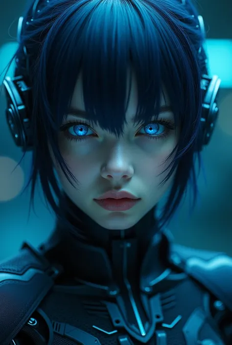 realistic,(( masterpiece)), (( envelopes)), ( Detailed ),  Close-up portrait, 1 girl, blue_eyes, Alone , blue_theme, science_fiction, mono, Circuit Pentern , blue_fur,  Detailed  fur, looking_en_ spectator, _negro_hair,  opened lips , cyborg, realistic, ar...