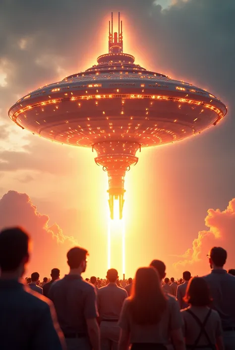 A 3D scene showing a glowing, mysterious object descending from the sky, transitioning into a massive spaceship with intricate designs and light effects. The surrounding environment is filled with awe-struck people looking up in surprise.