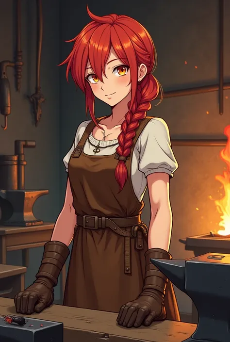 A female blacksmith, anime with a simple, cartoonish style yet mature, who has more visible clothing with characteristics of a medieval blacksmith, red hair, one braid, orange eyes.