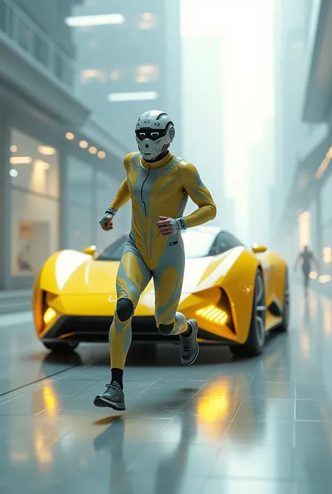 Futuristic yellow electric with mask 
male runner
