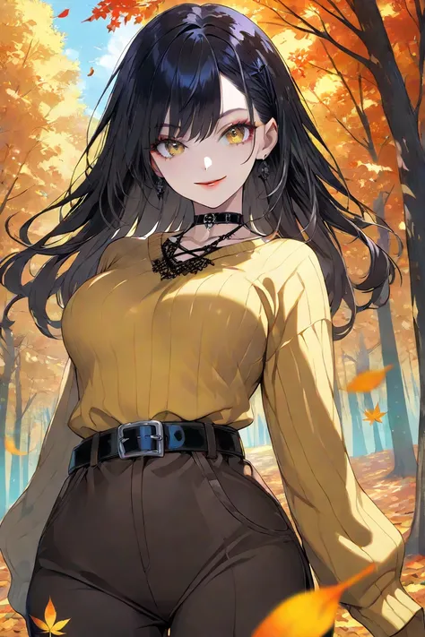  pop art-like ,  reflective focus , After projection , Off-center, Autumn forest, Falling leaves, wind,  sharp appearance , sly smile,  gothic makeup , windになびく長い絹のような白髪,  yellow sweater ,  medium boobs, belt,  choker,  bending the waist ,   Brown Pants , ...