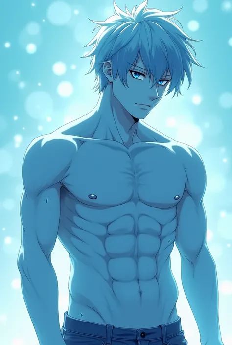  He generates a ghost boy with messy hair and light blue palette,  with large defined muscles ,  without clothes, sweating a lot, While his big cock is masturbating , Japanese anime style  