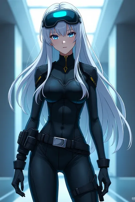 A sleek, futuristic anime character with an air of mystery. Arona has long, silver hair, styled neatly with a slight wave at the ends. Her eyes are a sharp, piercing blue, and she has a calm, collected expression that hints at her intelligence and hidden p...