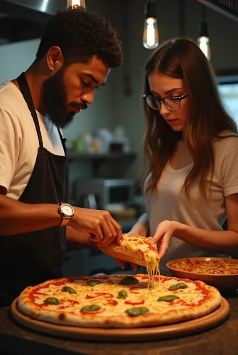 Pizza-like image of a man about 19 years old black movie Crespo with dark eyes a little muscular tall cooking a chicken sandwich and next to him a woman of approximately 18 years old with glasses with long and smooth hair with light eyes thin cooking a chi...