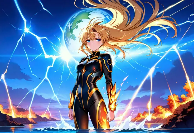 ((Masterpiece)), Best Quality, Hyper Detail, Fire, Water, Lightning, Earth, Wind, All Elements colliding, Blonde hair female standing in the middle, Blue eyes, Background art, Score_9, Score_8_up, up, Score_7_Up