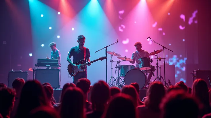 Portrait of musicians playing guitar or drums, people having fun in concert. Colorful lighting, laser and energetic stage visible in front of the stage, high detail, wide image