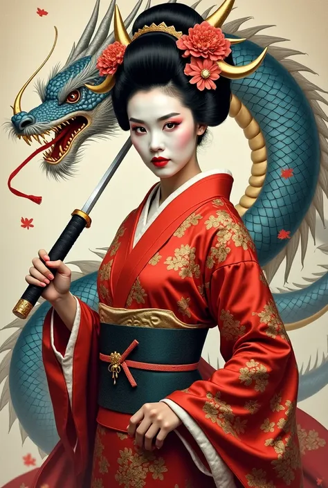 a **warrior geisha** in powerful pose,  wearing a traditional red and gold silk kimono ,  with dragon patterns and embroidered cherry blossoms .  Her face is painted with classic white makeup ,  intense crimson lips and eyes outlined with black ,  expressi...