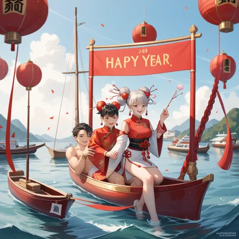 text "Happy chinese new year 2025" in center, celebration , bags of gold, Silver ingots, golden sycee, chinese gold ingot in shape of minimalistic chinese small row boat with ovalry shape on top,add gokden snake beside her