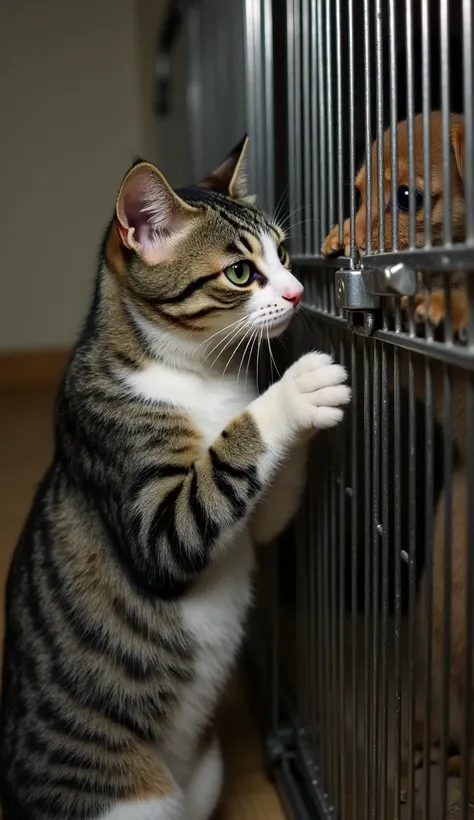 A sleek tabby cat named Milo, with short gray fur, bold black stripes, and piercing green eyes, is perched on his hind legs in front of a metal cage. His delicate white paws grasp the latch of the cage door, carefully pushing and pulling at the mechanism. ...