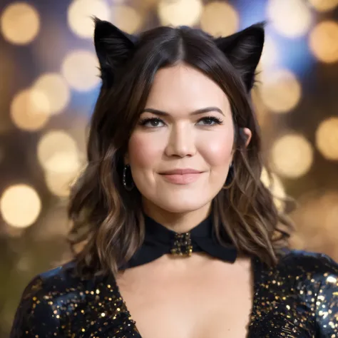 best quality, highres, 8k, masterpiece, photography, detailed midbody photorealistic portrait. Mandy Moore channels her inner feline at Feline Fantasies. She dons a black cat suit, complete with fur trimming and cat whiskers, which makes the audience purr....