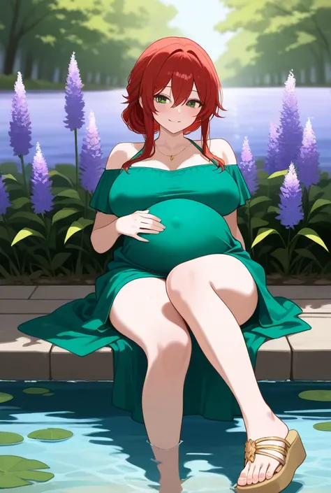 A 40-year-old pregnant woman ,  with long dark red hair and green eyes , with a slightly bulging belly due to pregnancy,  wearing a green pregnancy dress and simple gold-colored sandals that clearly reveal her bare feet, While walking it's a path full of f...