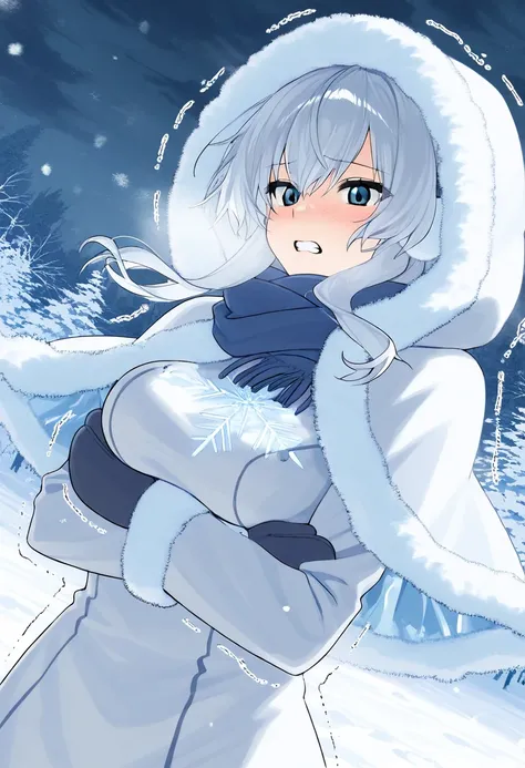 snow on head, snow on breasts, snow on body, white fur trim, very cold mother covered in a thin layer of snow freezing to death, mature mother with medium breasts and hair full of snow shivering in the cold, frozen eyelashes, very cold expression, covered ...