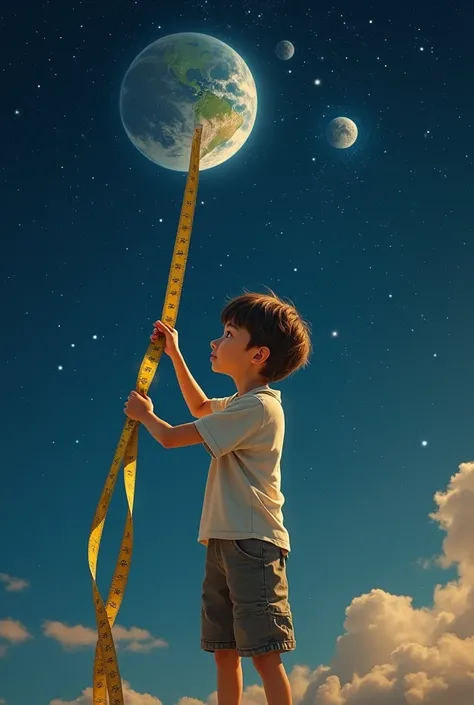 An image showing a young man measuring the distance from the Moon to the Earth with a measuring tape 