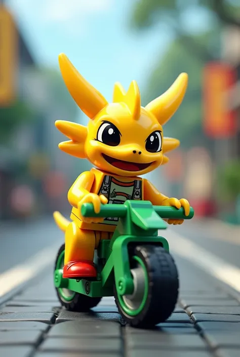 Generate a medium size Lego set,digimon pet style minifigure,yellow small agumon wearing a cool
Mechanic t-shirt, riding a green bicycle on the road,red shoe,make it become the box art