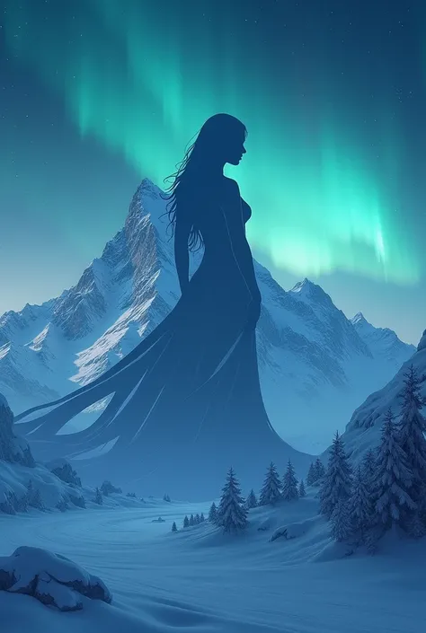  a snowy mountain ,  with an Aurora Borealis, Where the mountain is the silhouette of a woman 