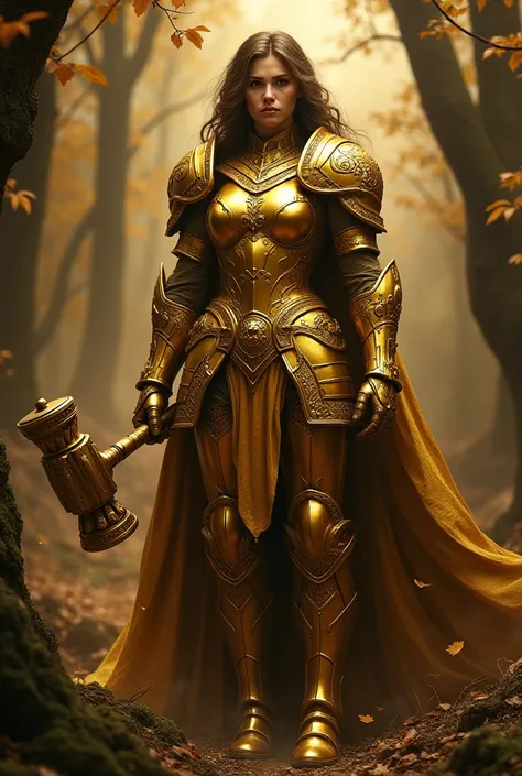 Realistic woman, golden full body armor, with a golden hammer, brown forest background, brown aura, high detail armor, full body pict