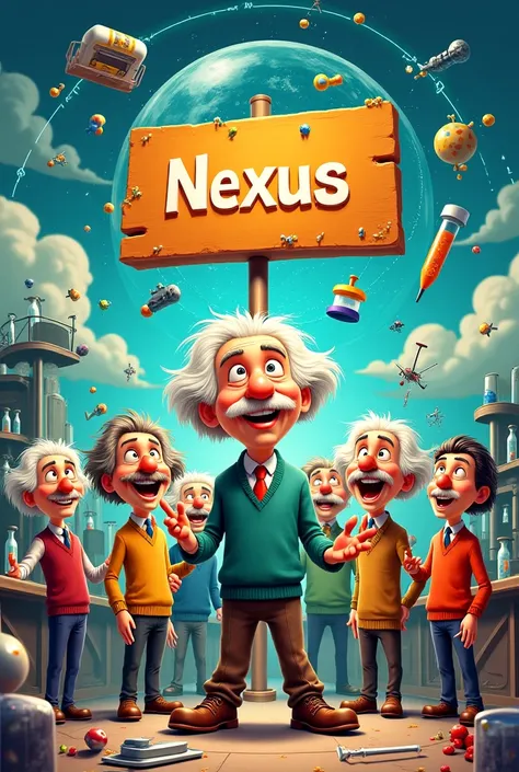  Einstein group in a cartoon with a sign that says "Nexus " 