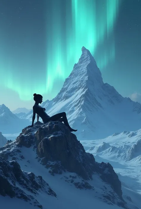  a snowy mountain , With an Aurora Borealis, where the top of the mountain is the silhouette of a reclining woman formed by rocks