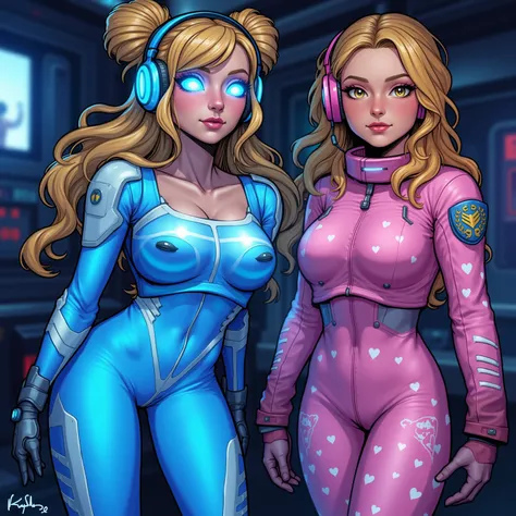 Extremely beautiful standing comic book woman who is modest and has a sexy smile and is a half blue luminescent full body robot woman with long wavy blonde hair in space buns and glowing blue eyes. Big shiny lips and very long eyelashes. She's wearing a ne...