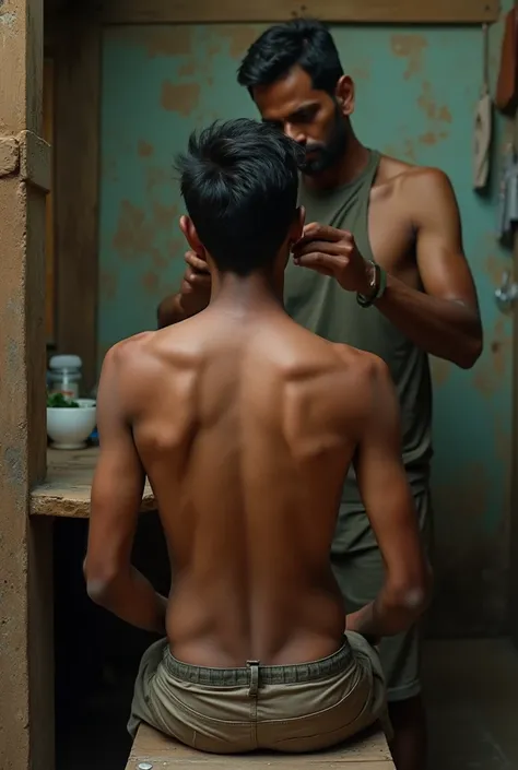 A desi indian young man, skinny slim body, sitting in hair sallon, completely naked. For hair cut, indian village sallon. Dark skin, showing his body backside