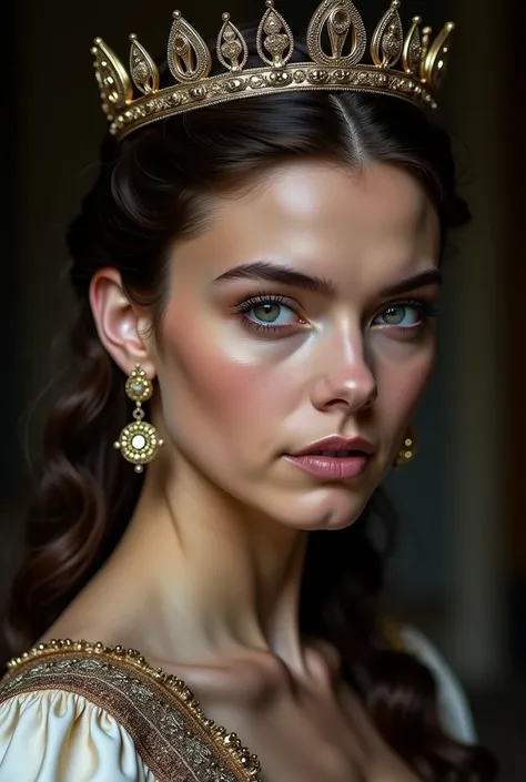 a close up of a woman wearing a tiara and a dress, as a medieval fantasy character, beautiful caitriona balfe, medieval princess, dorne, but a stern look about her, & her expression is solemn, a medieval, irina nordsol kuzmina, beautiful queen, anya taylor...